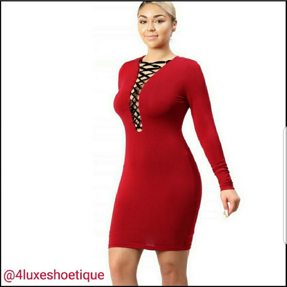 NEW Red Long Sleeve Bodycon Lace Up Dress